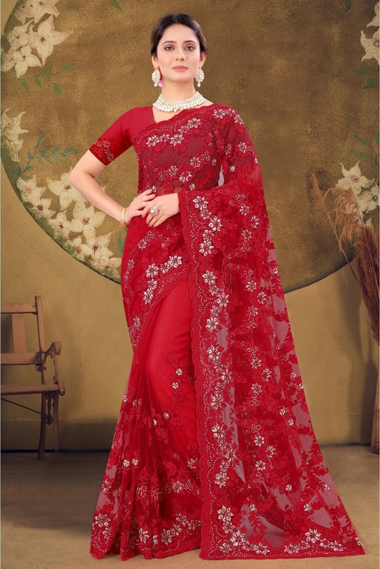 Red Net Embroidery Saree NCSD10910673