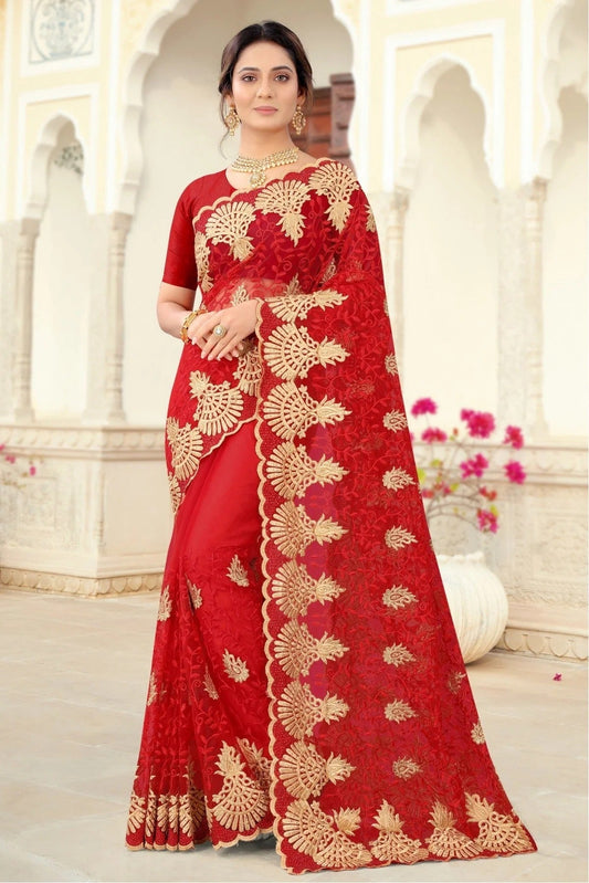 Red Net Embroidery Saree NCSD10910687