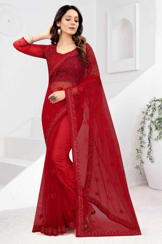 Red Net Embroidery Saree NCSD11210847