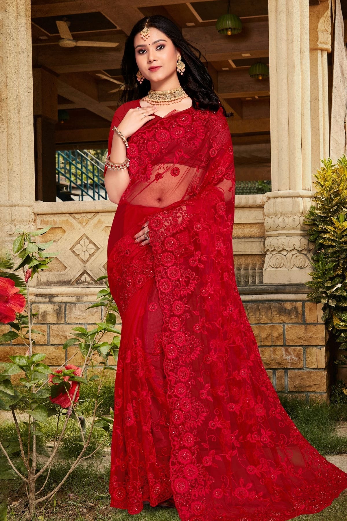 Red Net Saree NCSD10910363