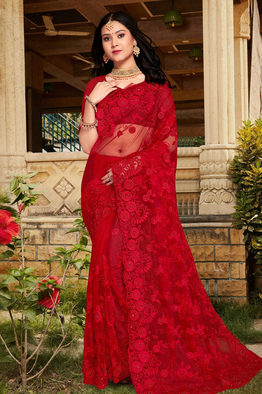 Red Net Saree NCSD10910363