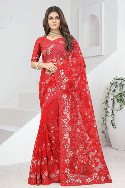 Red Net Saree NCSD10910379
