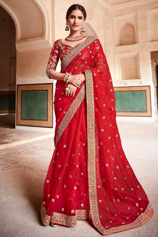Red Organza Zari Saree NCSD10810613