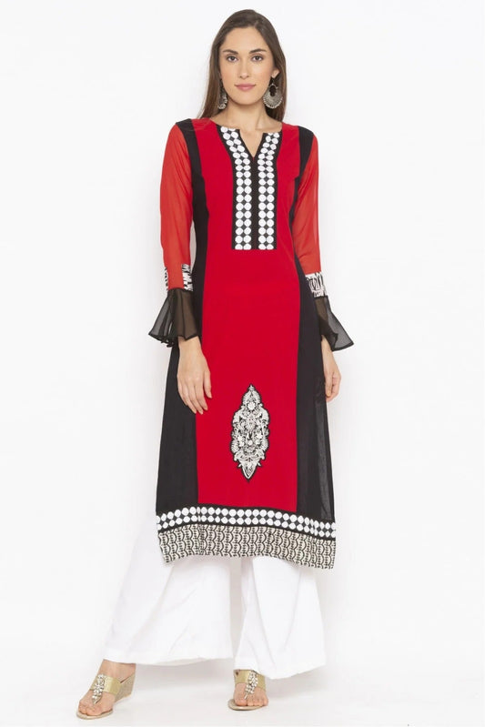 Red Plus Size Crepe Embroidery Kurta Set NCKR10710296