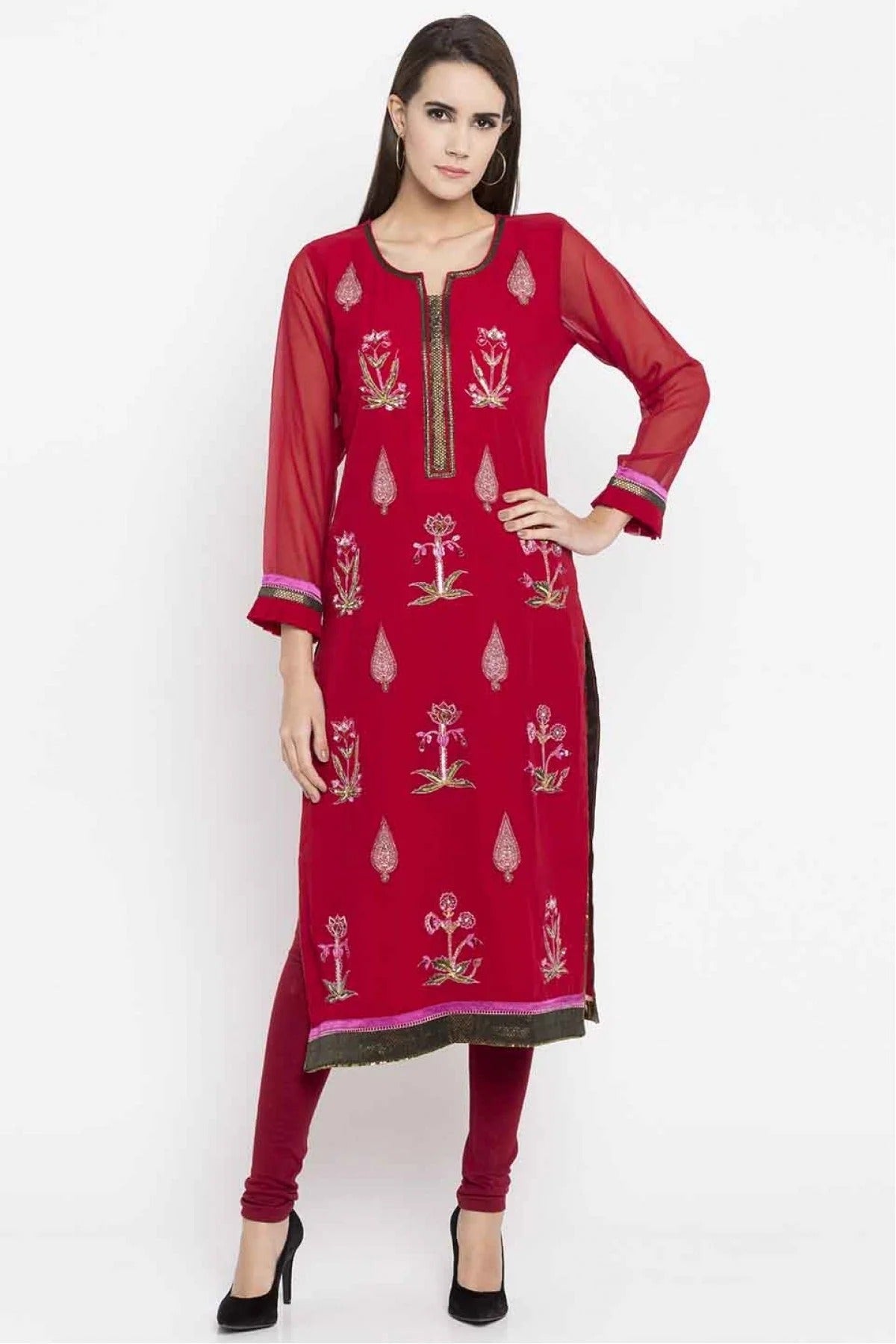 Red Plus Size Faux Georgette Embroidery Kurti NCKR10710100