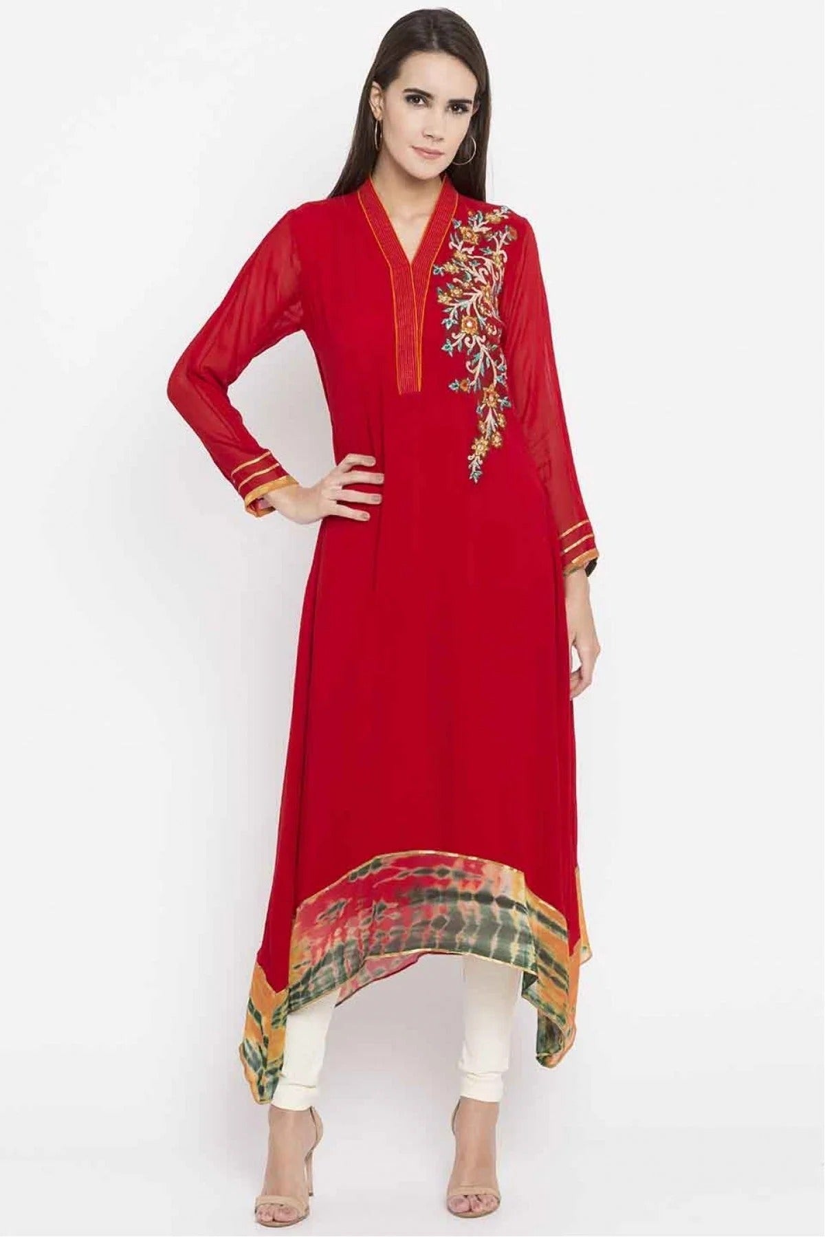 Red Plus Size Faux Georgette Embroidery Kurti NCKR10710191