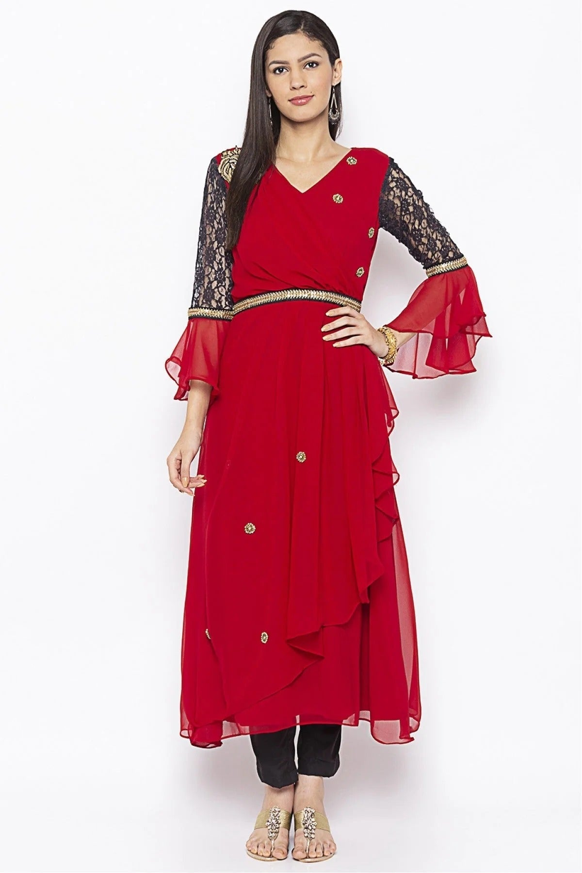 Red Plus Size Georgette Embroidery Kurta Set NCKR10710345