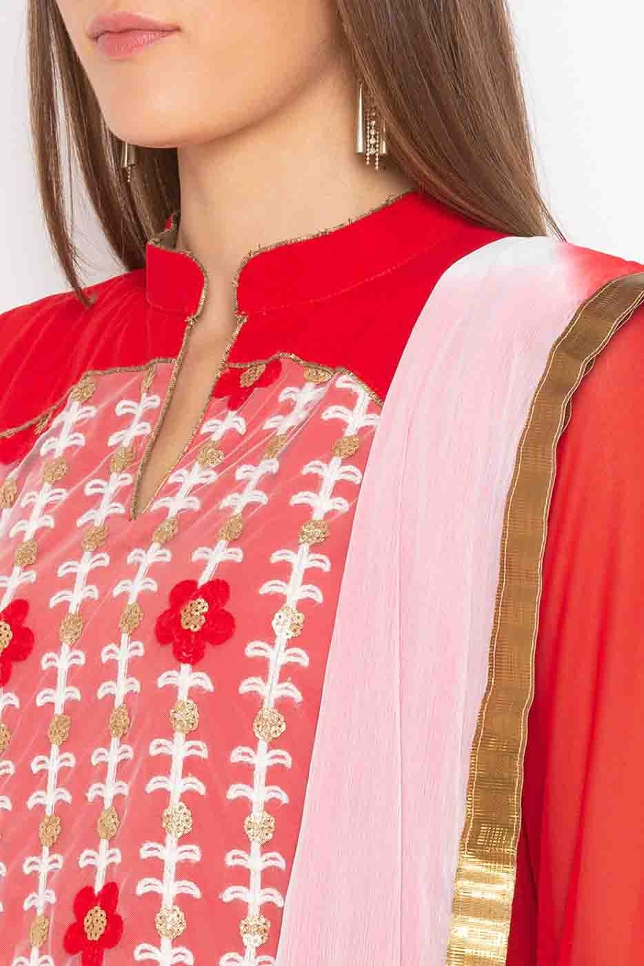 Red Plus Size Stitched Georgette Embroidery Palazzo Pant Suit NCSS10710540