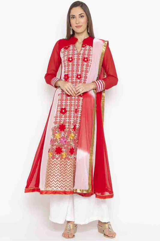 Red Plus Size Stitched Georgette Embroidery Palazzo Pant Suit NCSS10710540