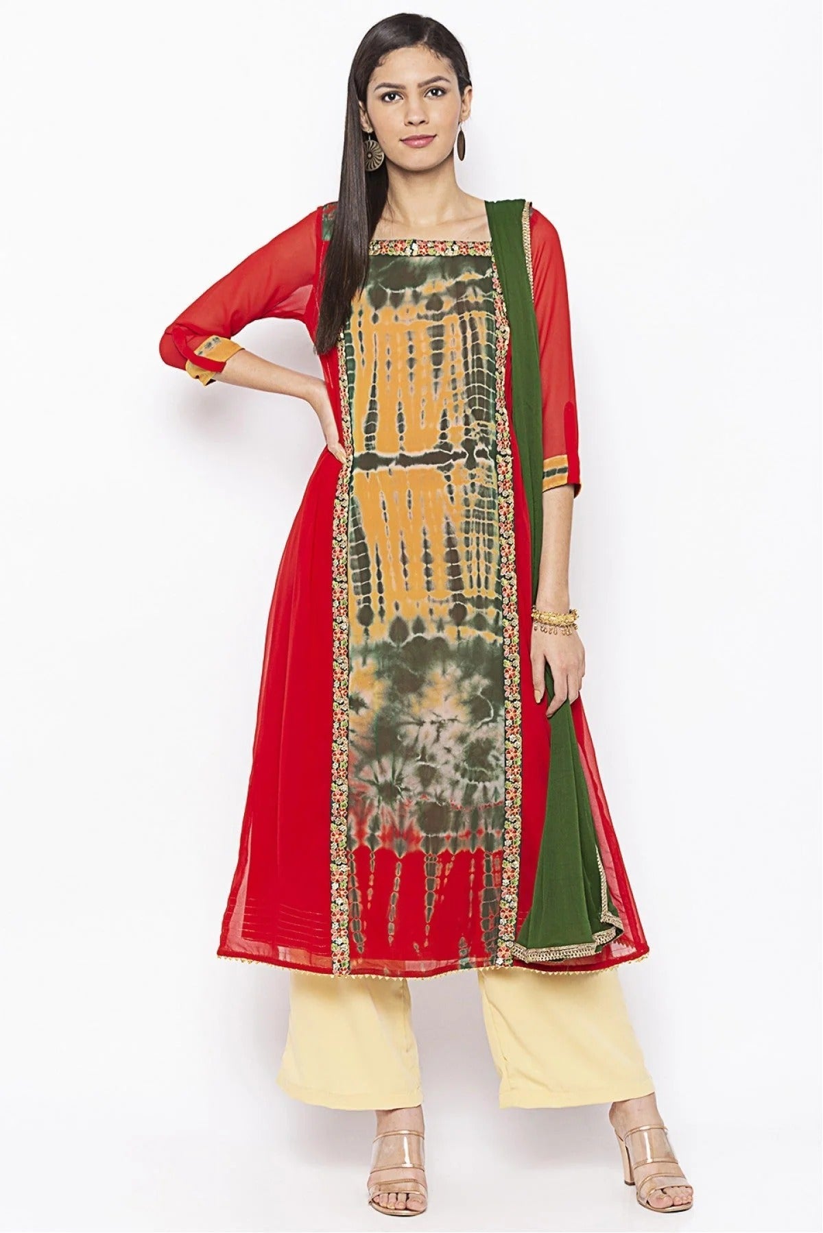 Red Plus Size Stitched Georgette Embroidery Palazzo Pant Suit NCSS10710590