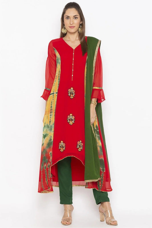 Red Plus Size Stitched Georgette Embroidery Pant Style Suit NCSS10710559
