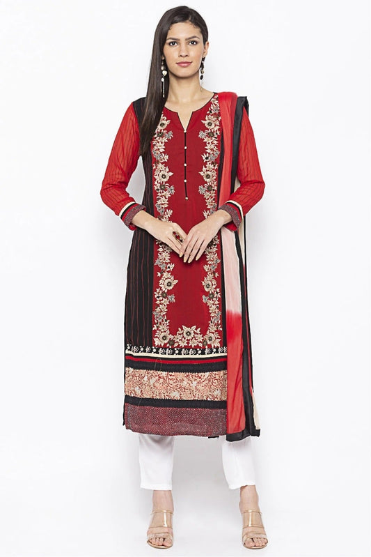 Red Plus Size Stitched Georgette Embroidery Pant Style Suit NCSS10710565