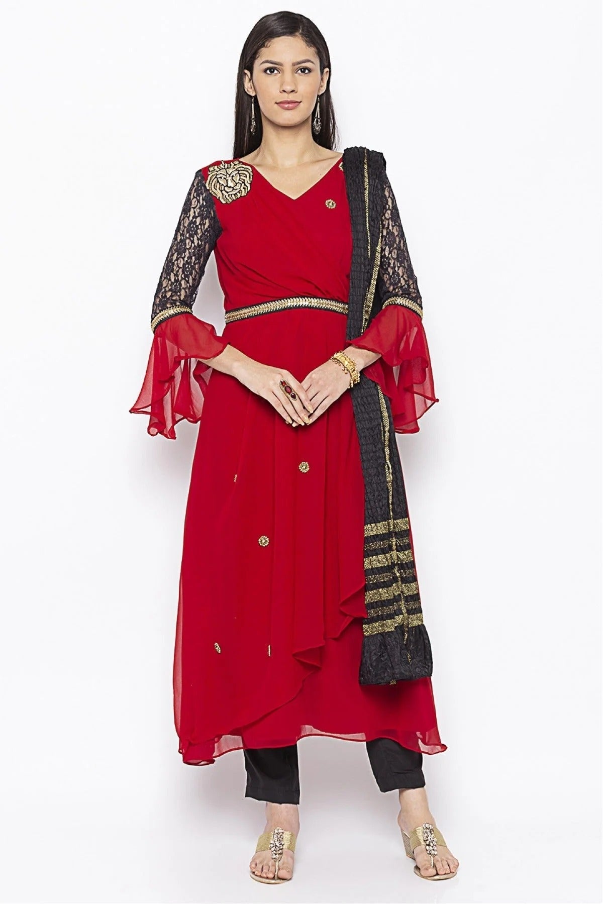 Red Plus Size Stitched Georgette Embroidery Pant Style Suit NCSS10710598