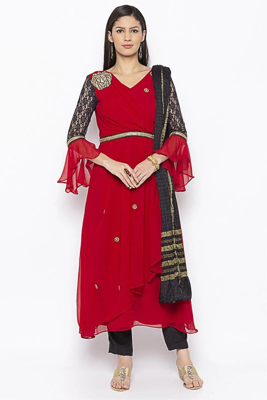 Red Plus Size Stitched Georgette Embroidery Pant Style Suit NCSS10710598