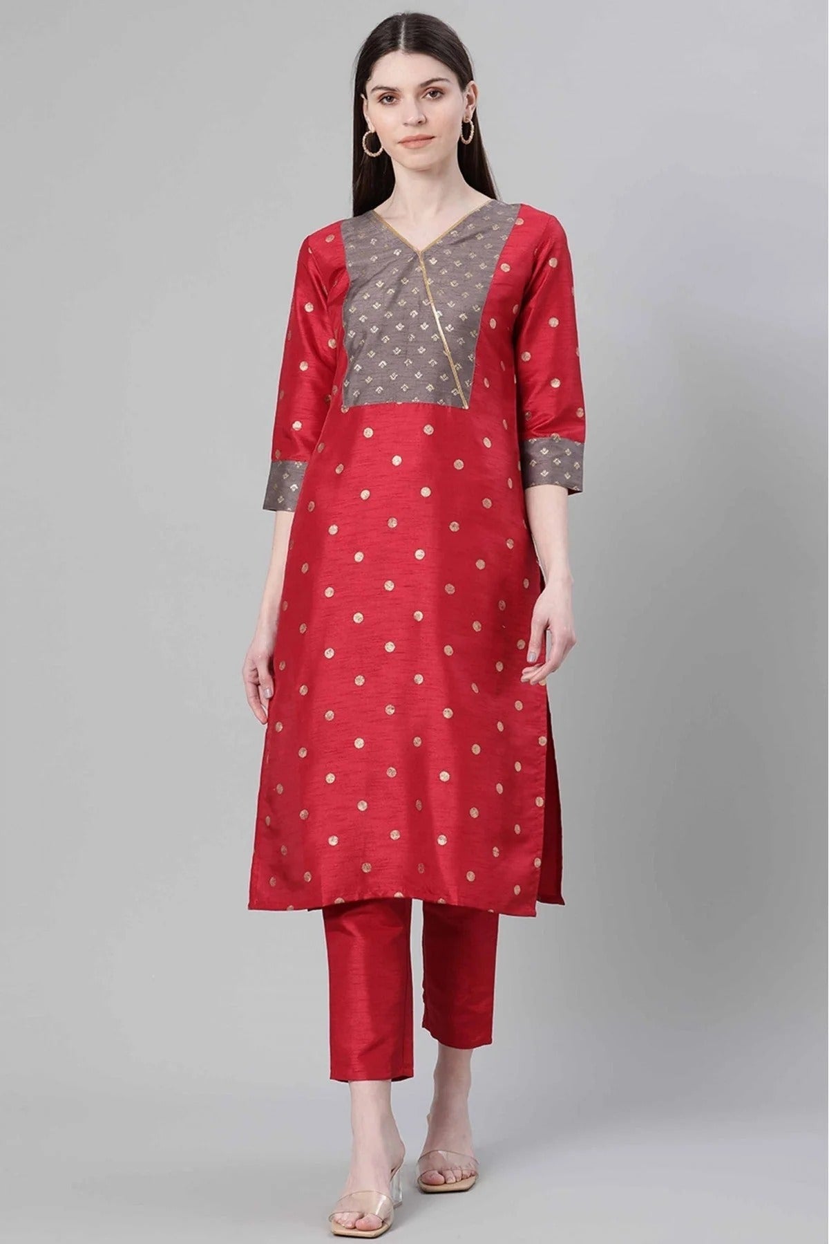 Red Poly Silk Foil Print Kurti NCKR10610205