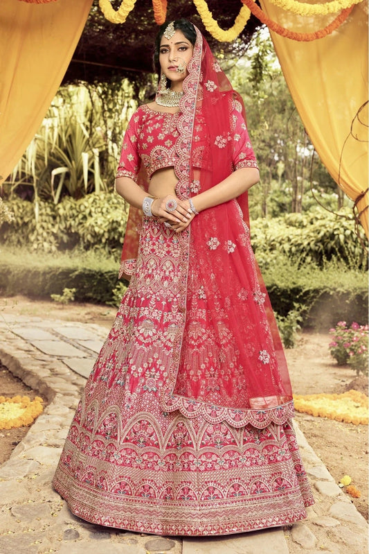 Red Raw Silk Embroidery Bridal Lehenga Choli NCLC10810382