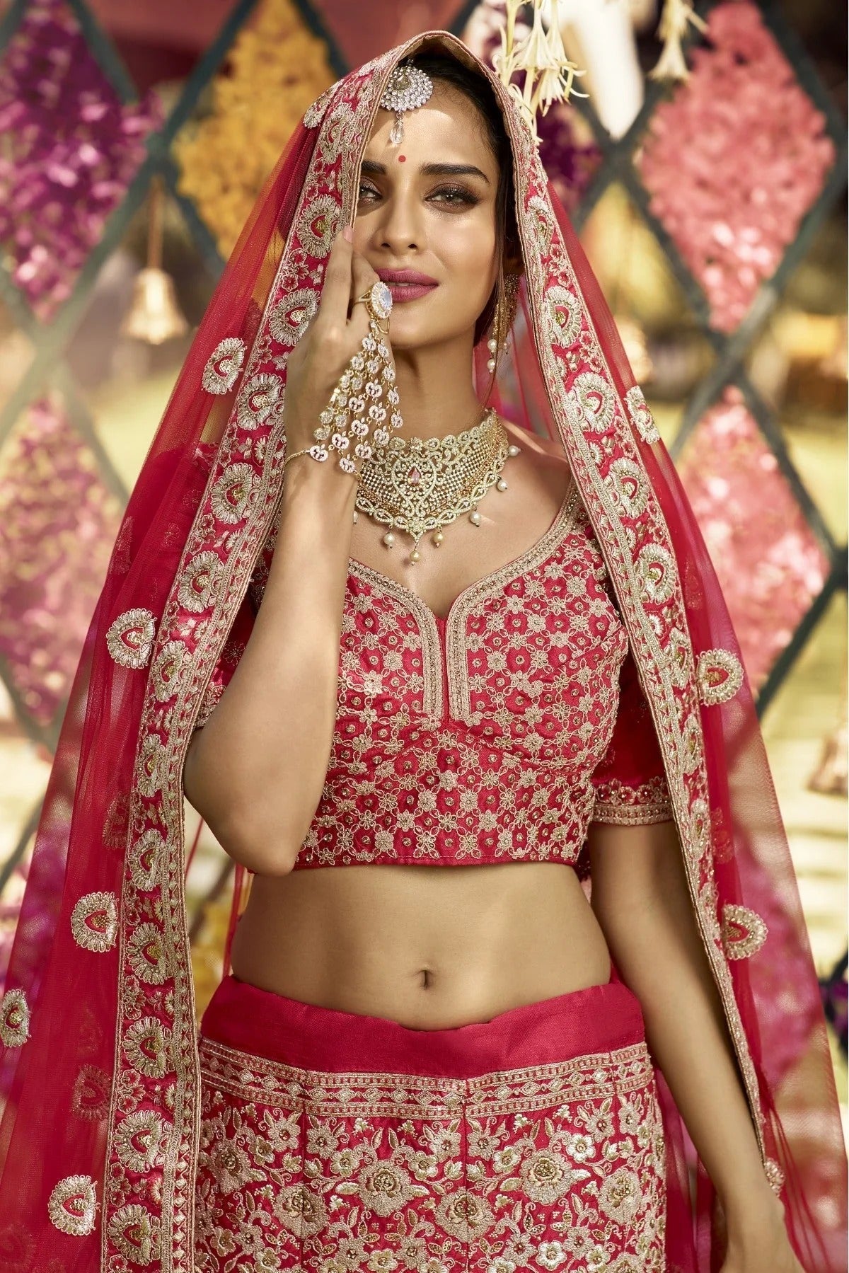 Red Raw Silk Embroidery Bridal Lehenga Choli NCLC10810468