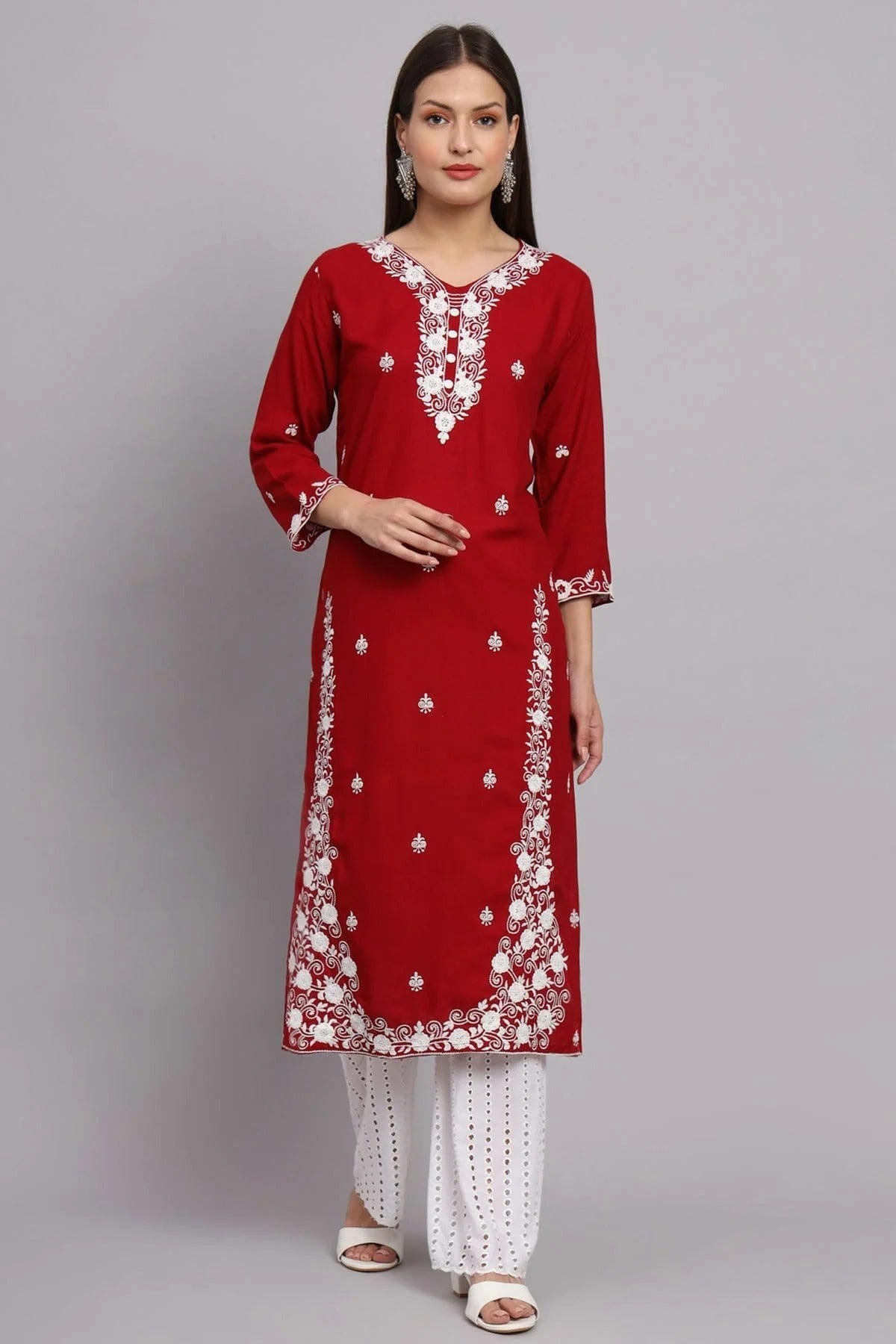 Red Rayon Kurti NCKR11112156