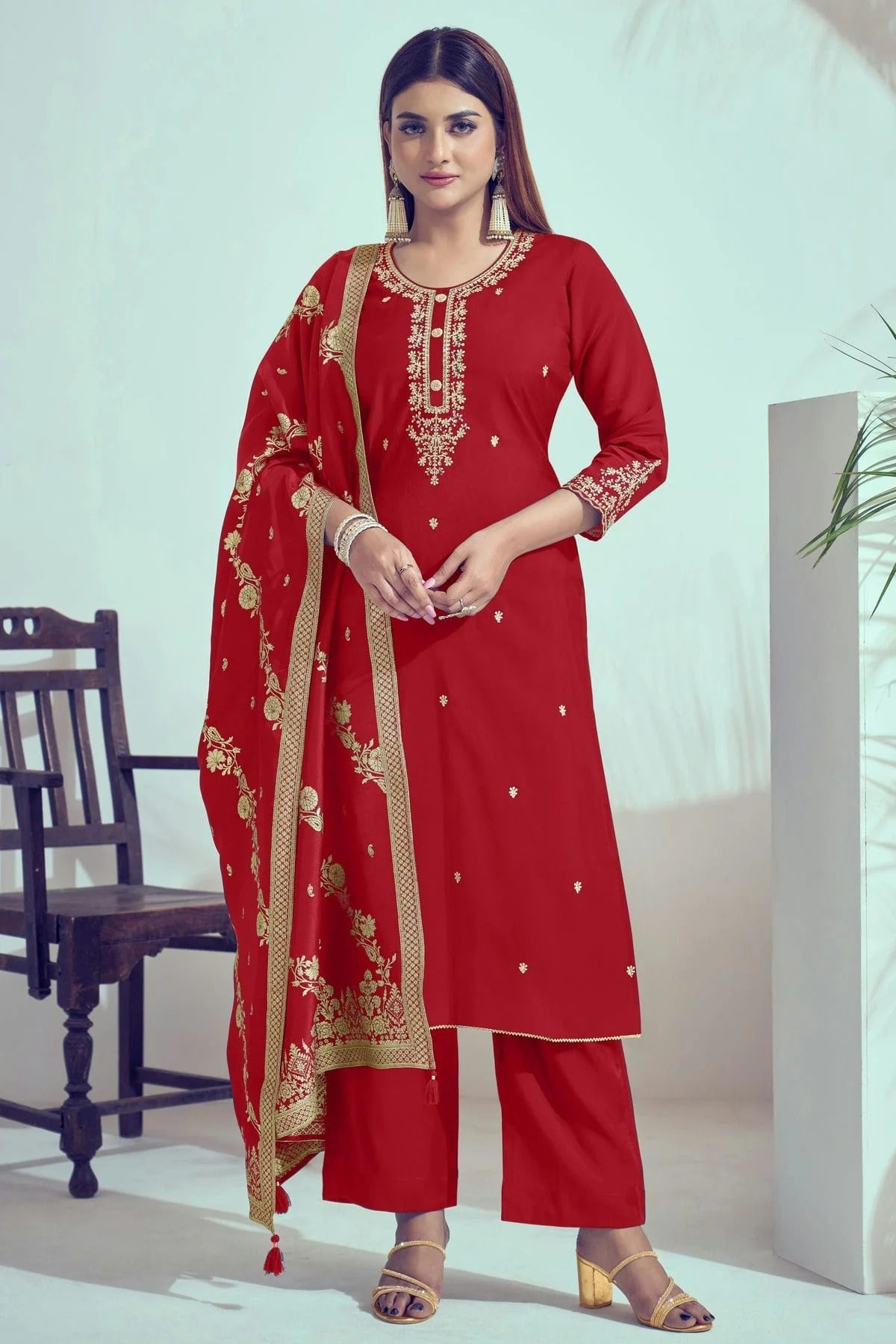 Red Roman Silk Stitched Salwar Suit NCSS11111594
