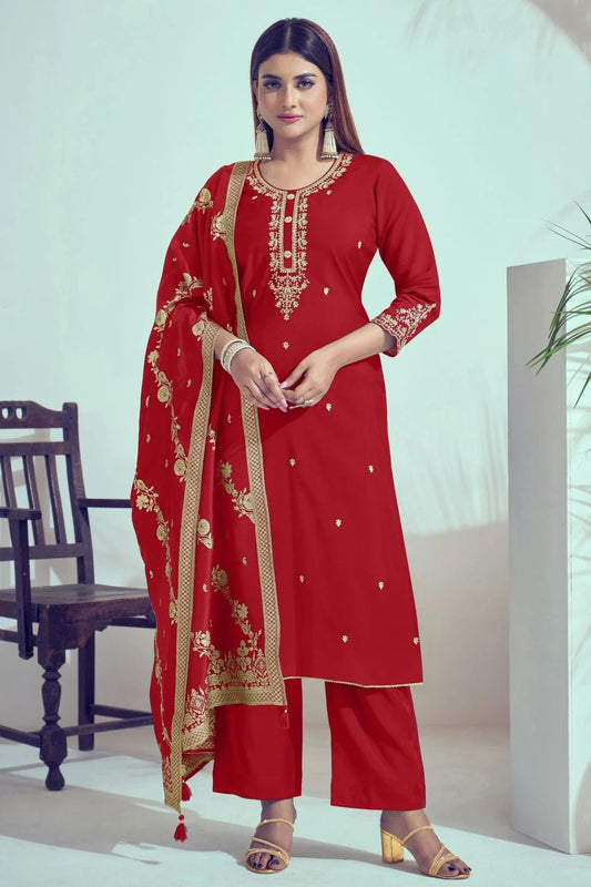 Red Roman Silk Stitched Salwar Suit NCSS11111594