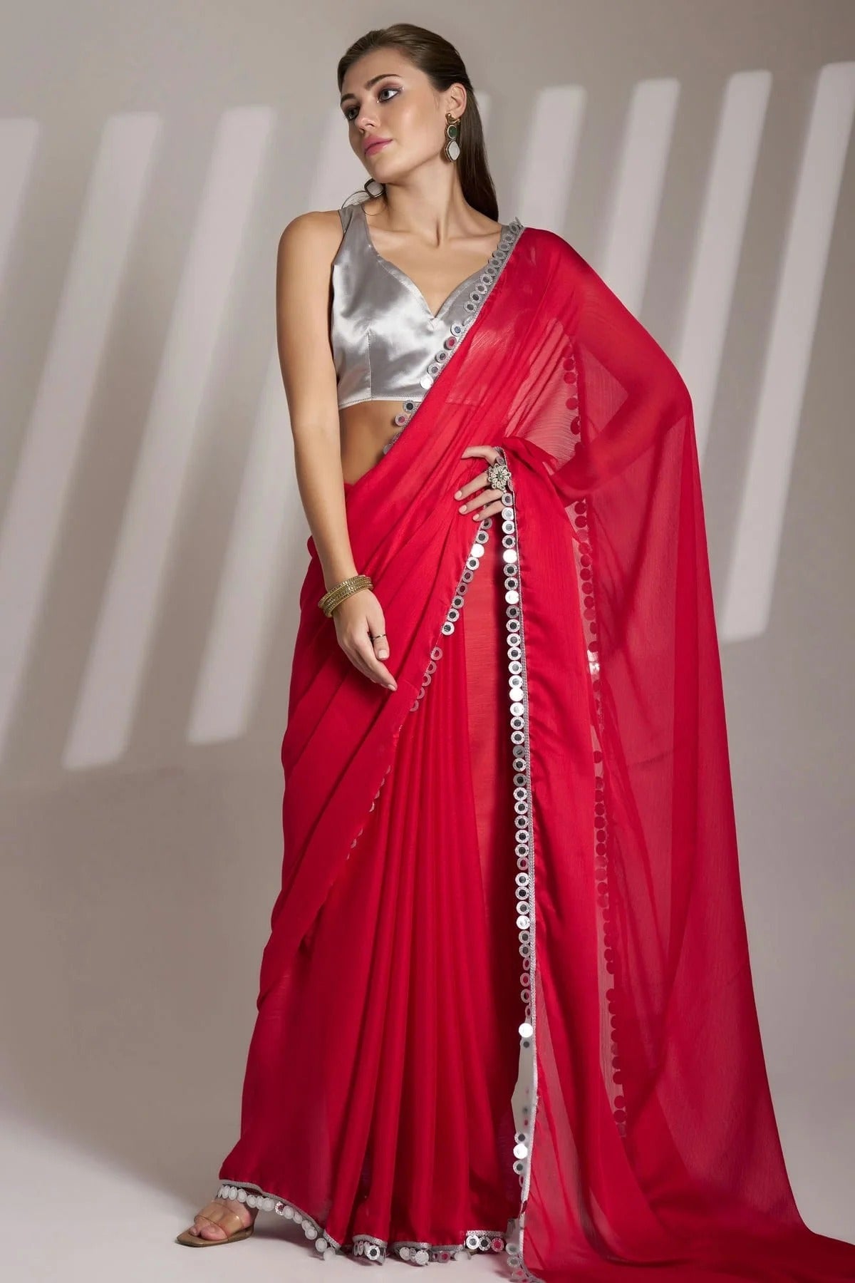 Red Satin Rangoli Saree NCSD11111057