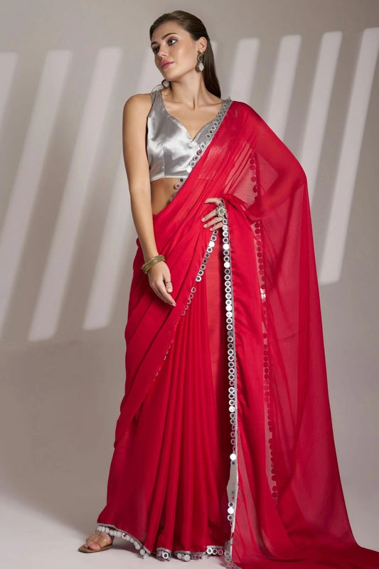 Red Satin Rangoli Saree NCSD11111057