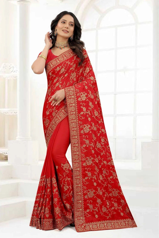 Red Satin Silk Embroidery Saree NCSD10910640