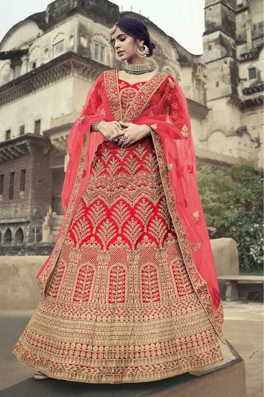 Red Satin Thread Lehenga Choli NCLC10810486