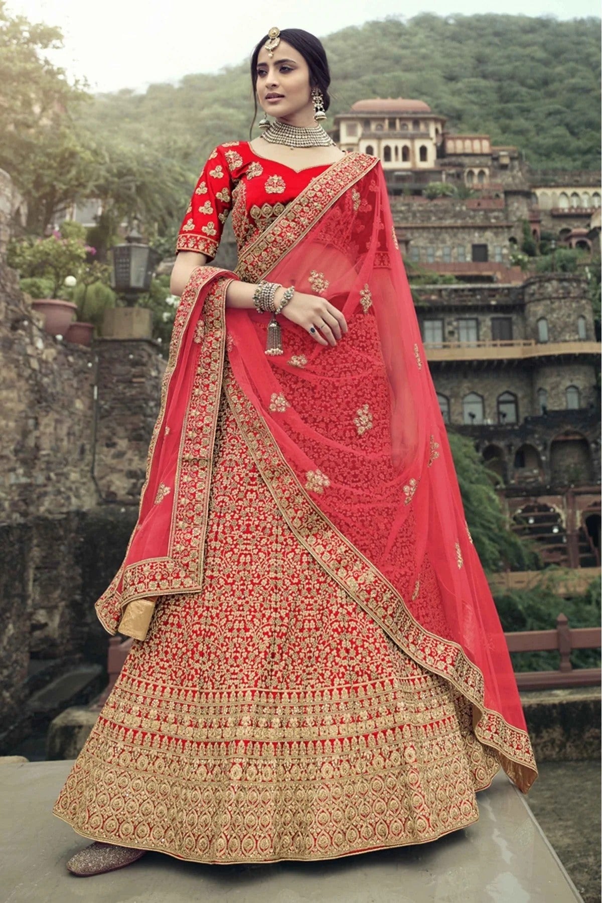 Red Satin Thread Lehenga Choli NCLC10810490