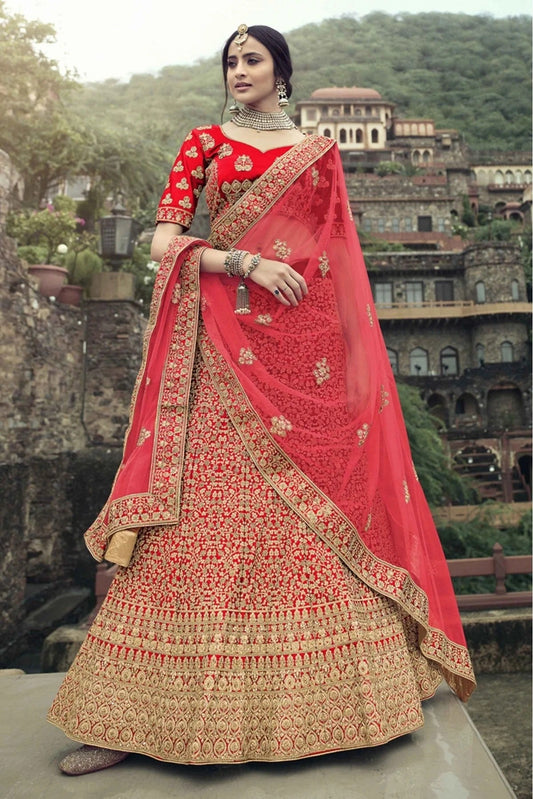 Red Satin Thread Lehenga Choli NCLC10810490
