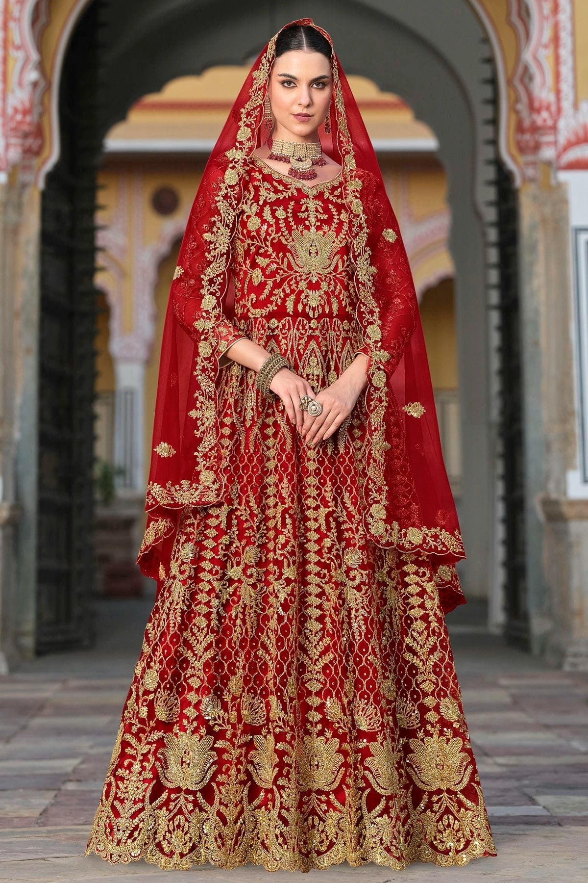 Red Semi Stitched Butterfly Net Anarkali Suit NCSM11410351