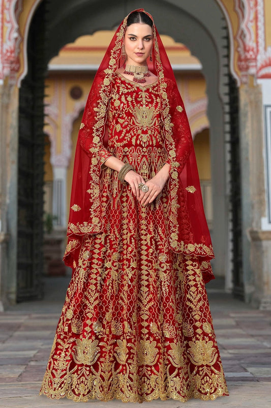 Red Semi Stitched Butterfly Net Anarkali Suit NCSM11410351