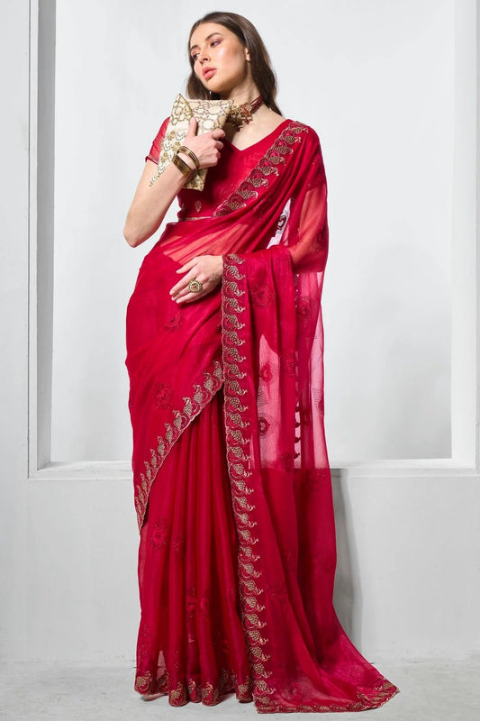 Red Shimmer Chiffon Designer Saree NCSD11111787