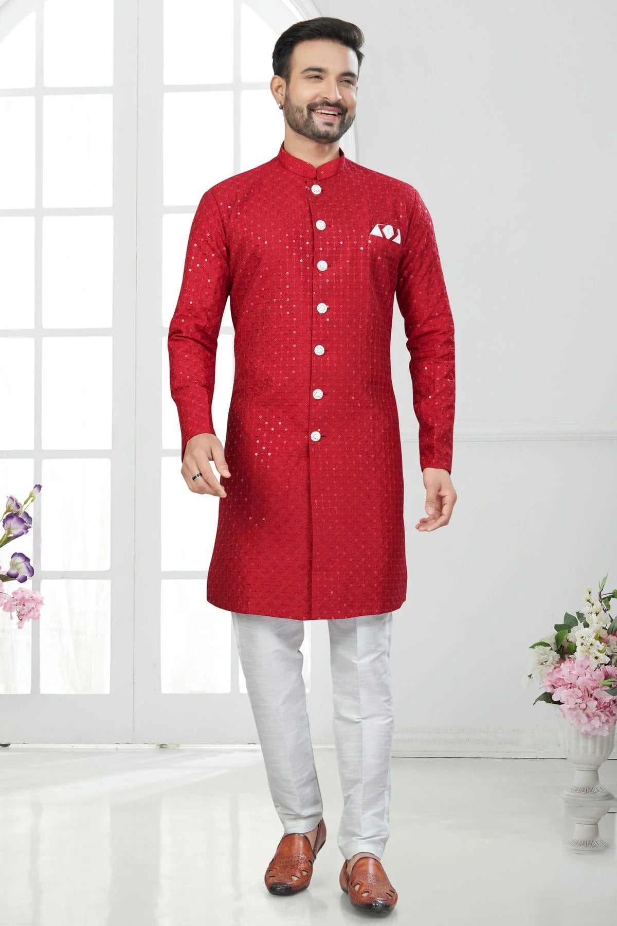 Red Silk Dupion Sherwani NCSH10410190