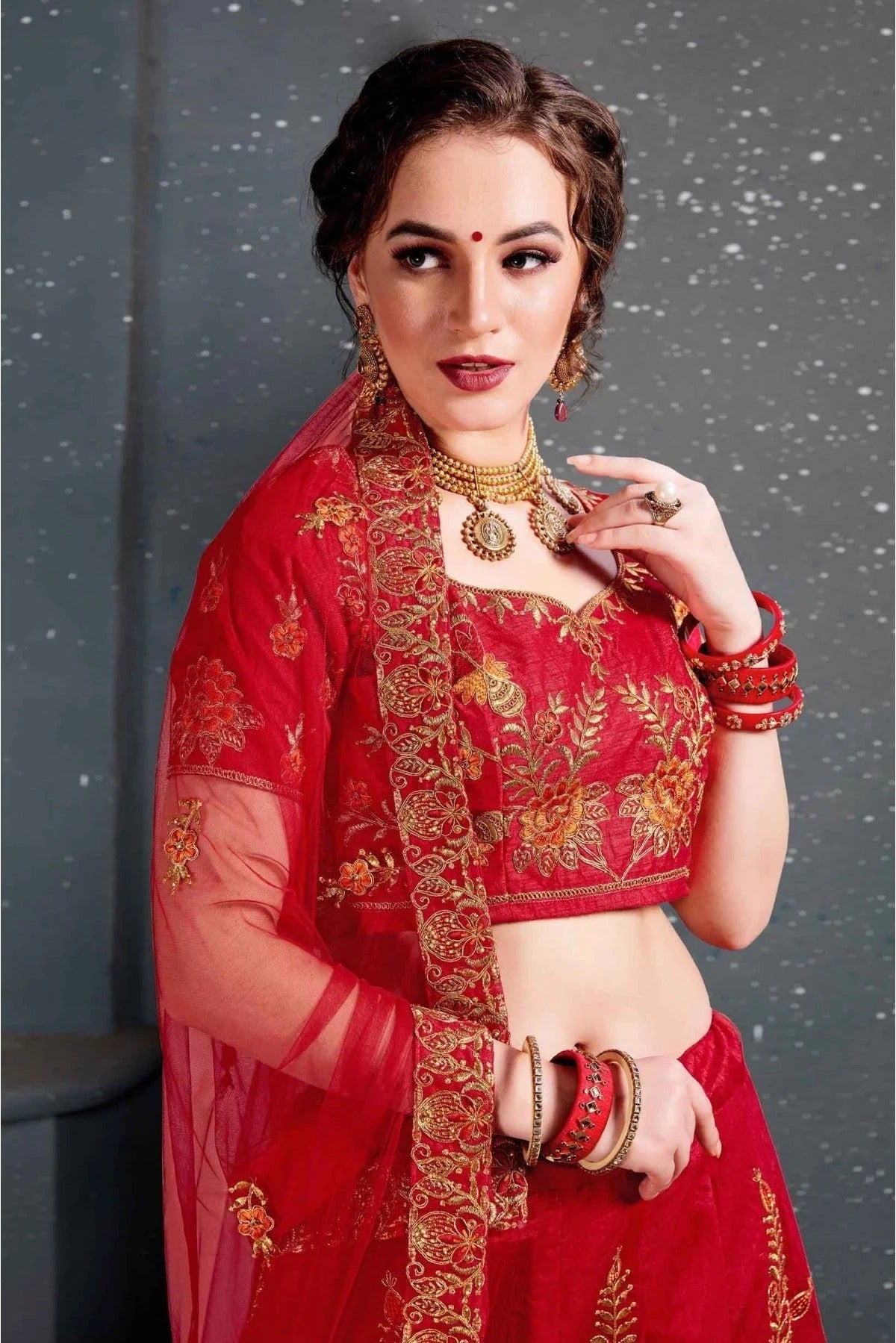 Red Slub Silk Lehenga Choli NCLC10110273