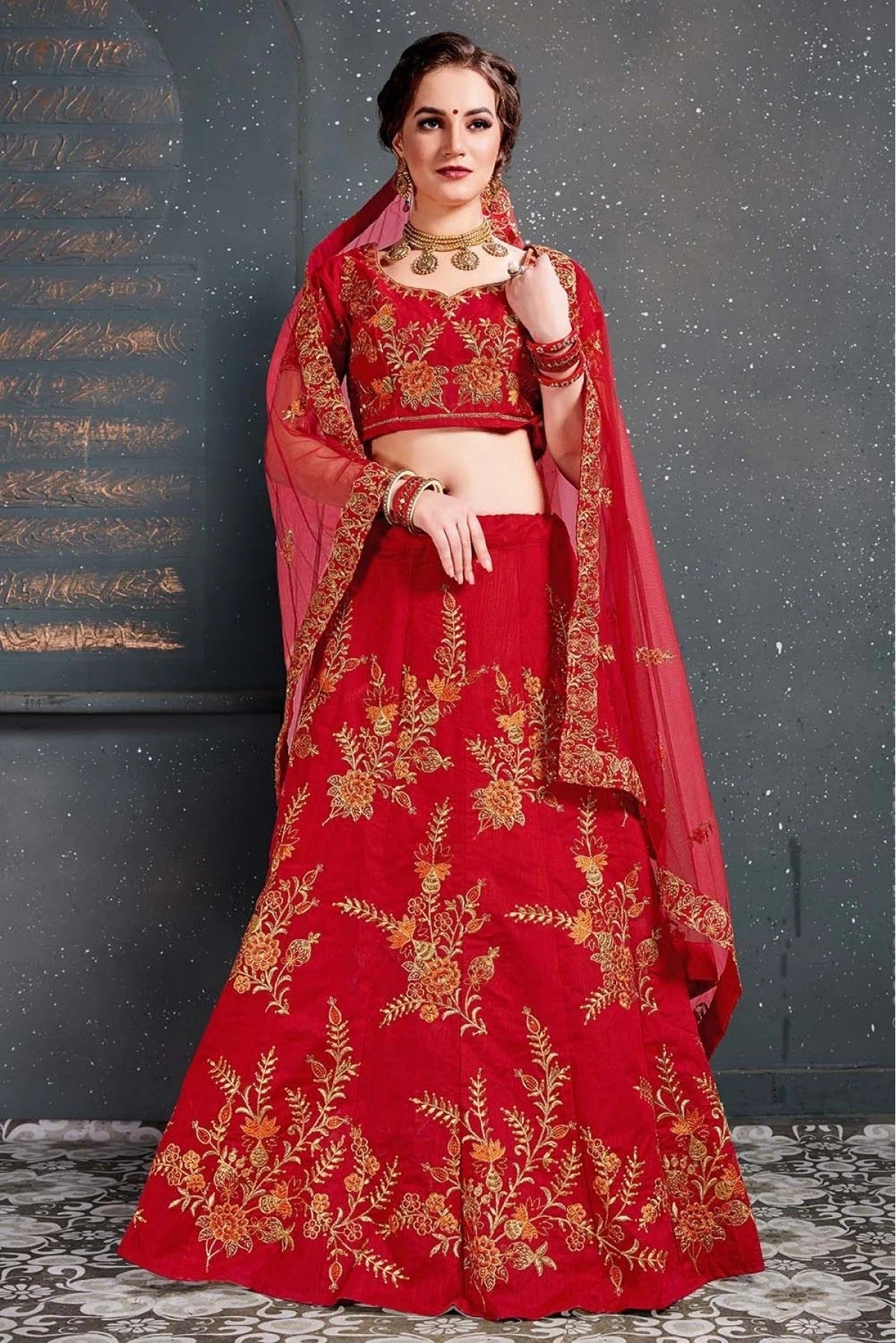 Red Slub Silk Lehenga Choli NCLC10110273