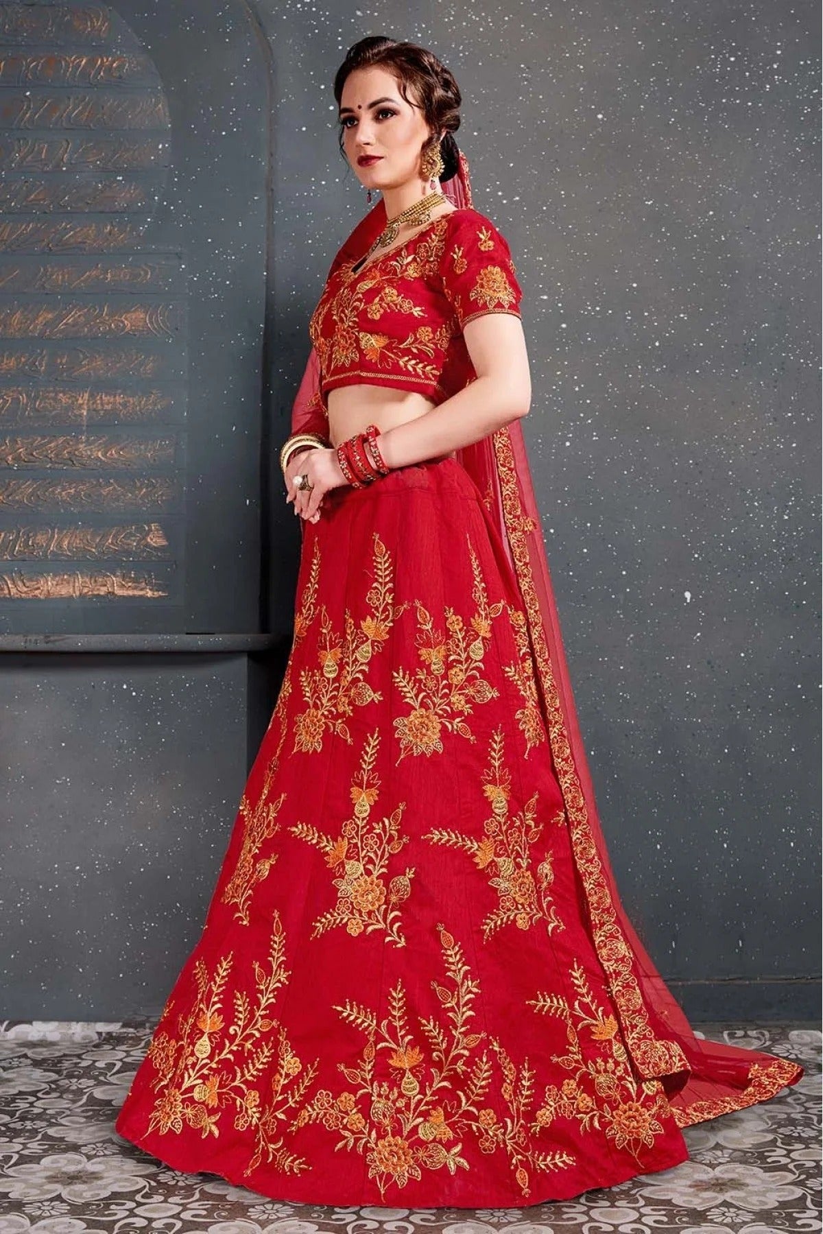 Red Slub Silk Lehenga Choli NCLC10110273