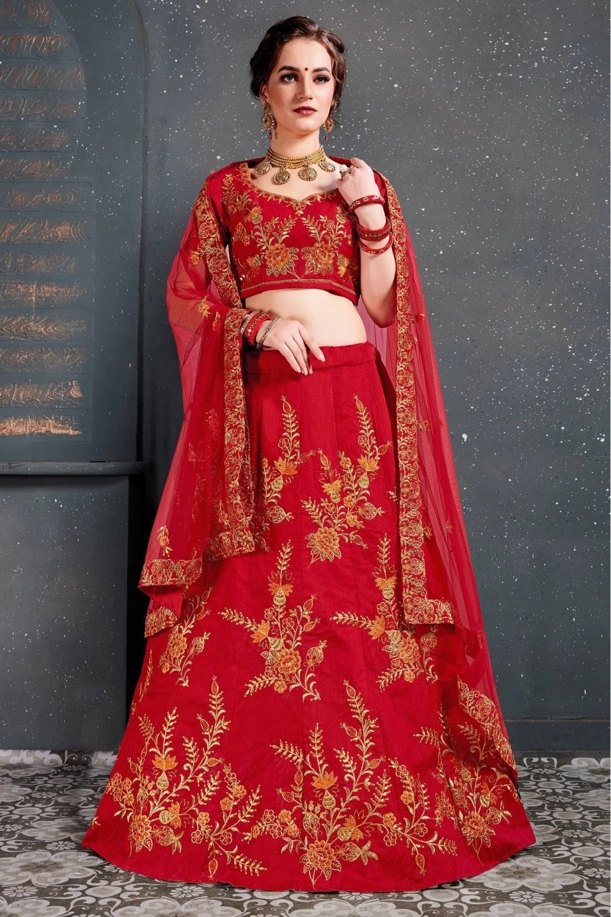 Red Slub Silk Lehenga Choli NCLC10110273