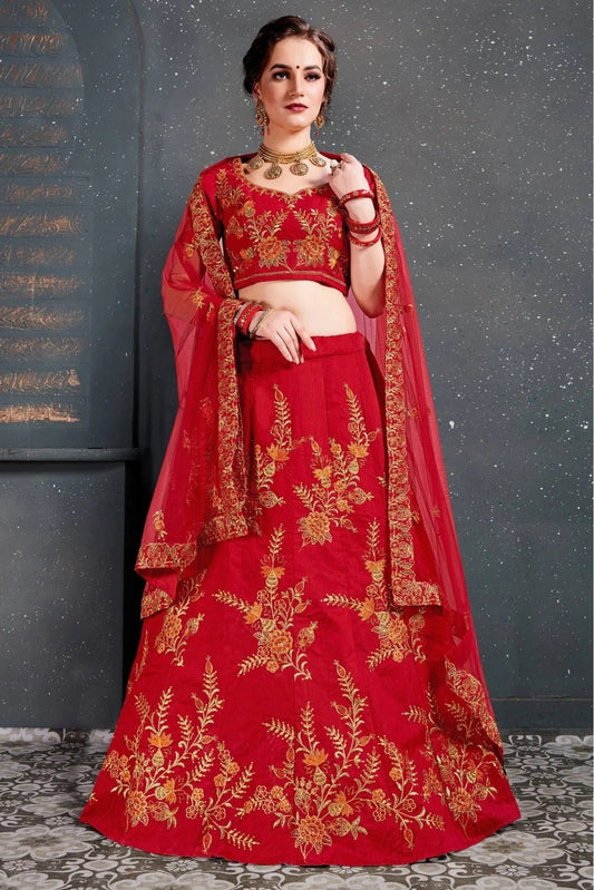 Red Slub Silk Lehenga Choli NCLC10110273