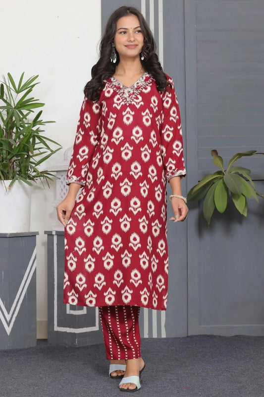 Red Stitched Rayon Top and Bottom  NCTP11111323