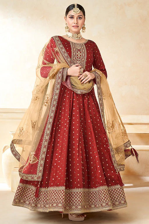 Red Taffeta Silk Anarkali Suit NCSM10510311