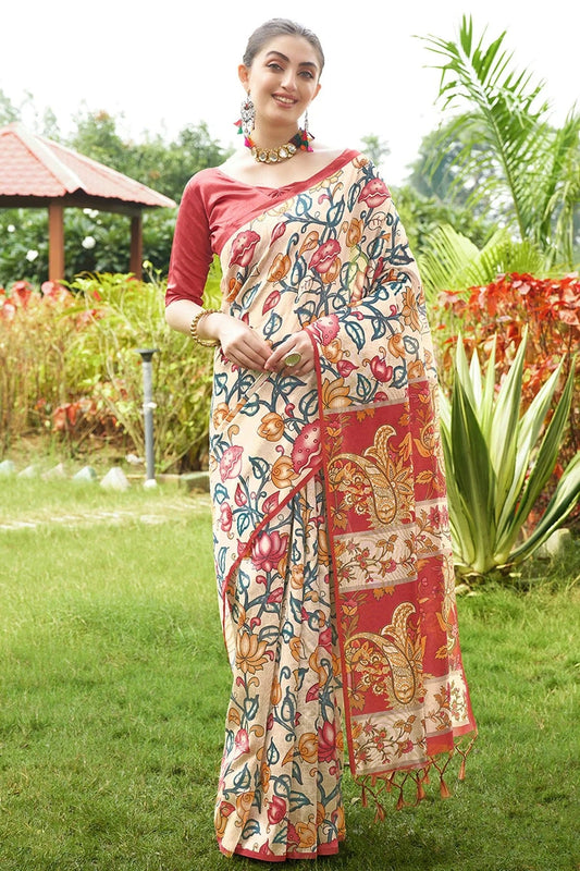 Red Tussar Silk Printed Saree NCSD11111544