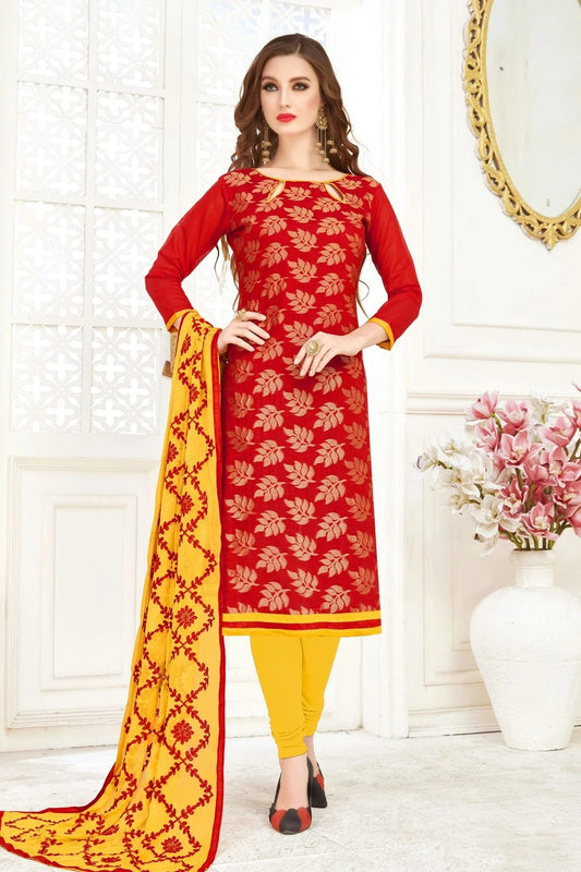 Red Unstitched Banarasi Jacquard Churidar Suit NCUS11610234