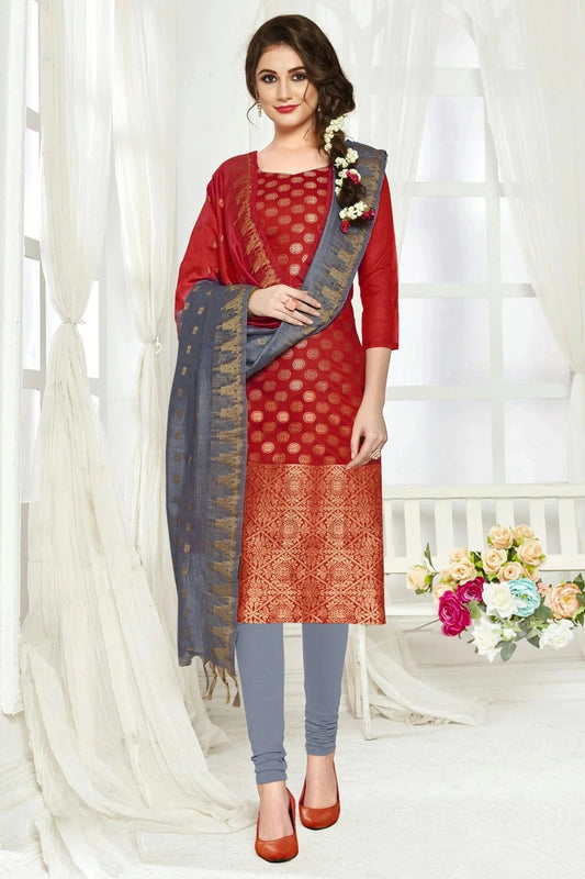 Red Unstitched Banarasi Silk Straight Suit NCUS11610272