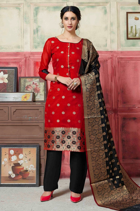 Red Unstitched Banarasi Silk Straight Suit NCUS11610297
