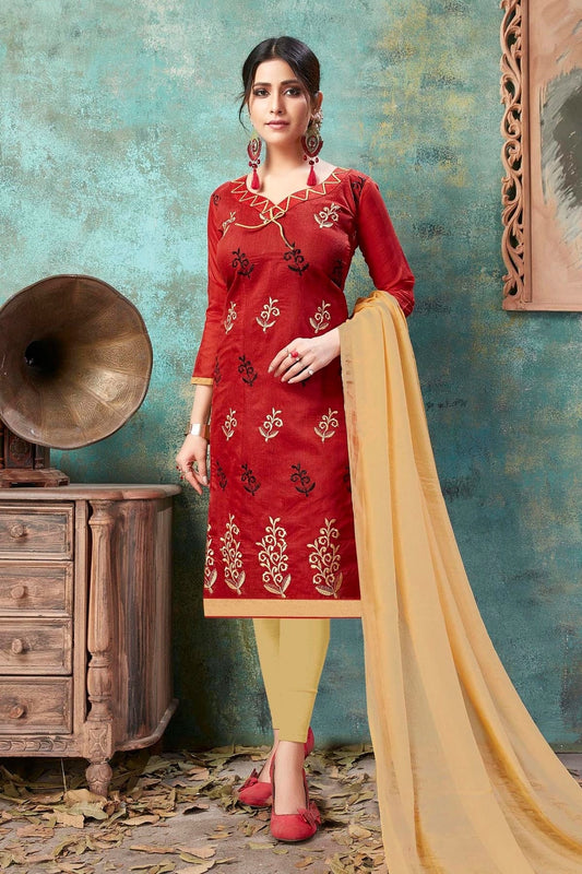 Red Unstitched Chanderi Cotton Straight Suit NCUS11610212