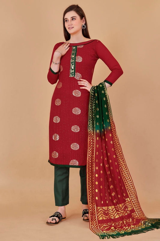 Red Unstitched Cotton Jacquard Straight Suit NCUS11610375