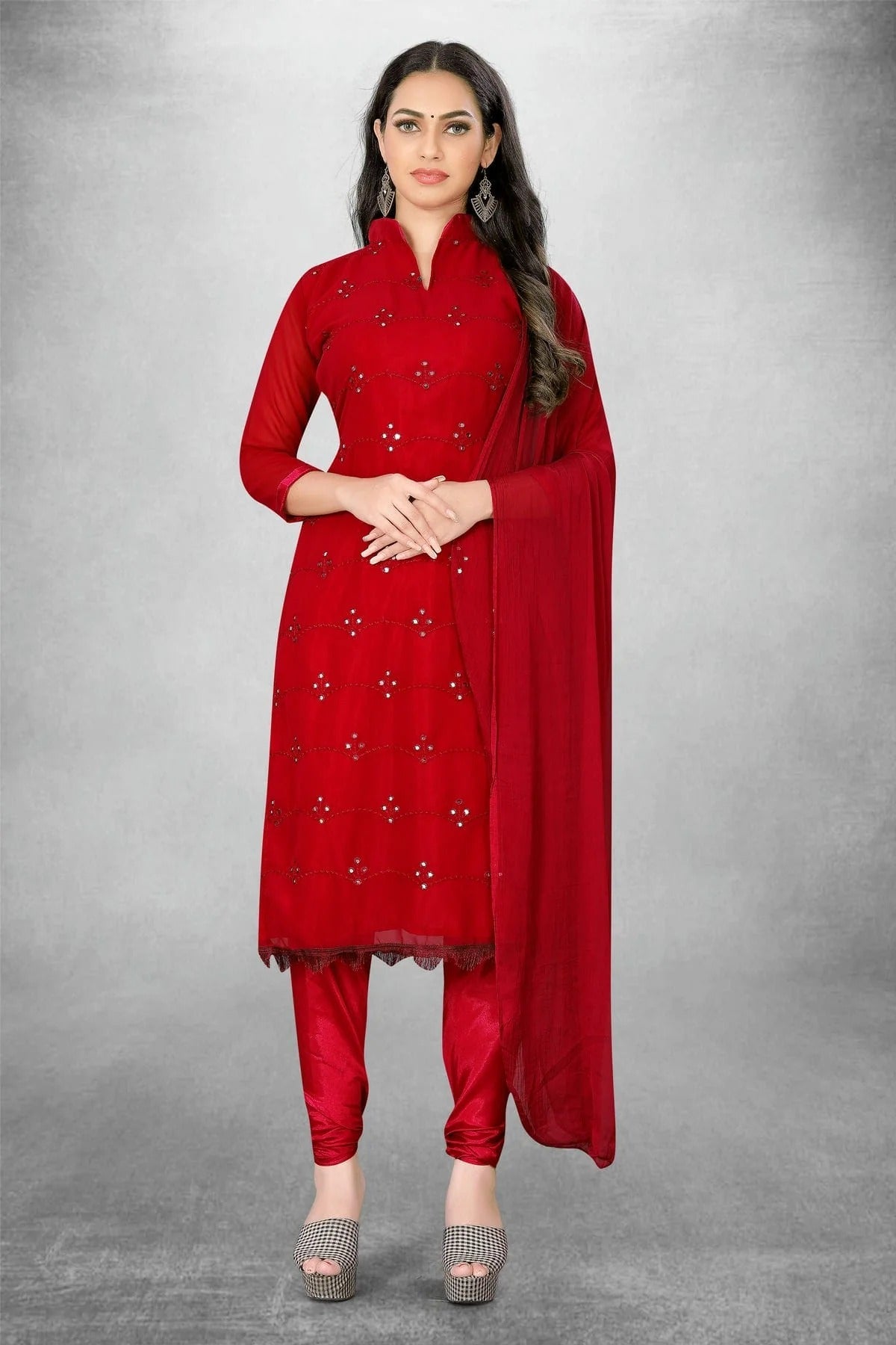 Red Unstitched Georgette Churidar Suit NCUS11610419