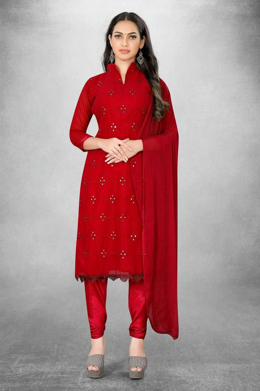 Red Unstitched Georgette Churidar Suit NCUS11610419
