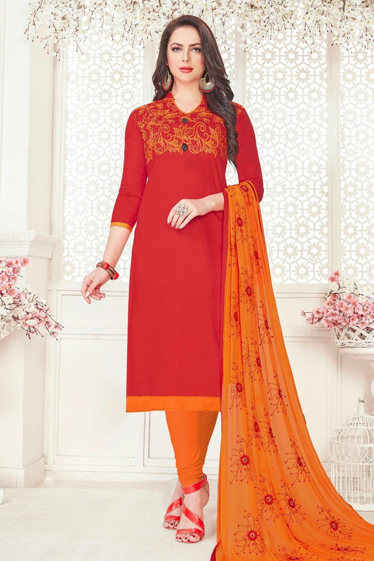 Red Unstitched Glace Cotton Churidar Suit NCUS11610218